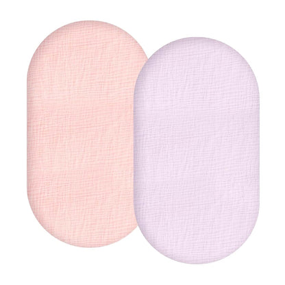 Synrroe 2 Pack Muslin Bassinet Fitted Sheets, 100% Cotton, 33x17 Inch, Pink & Purple