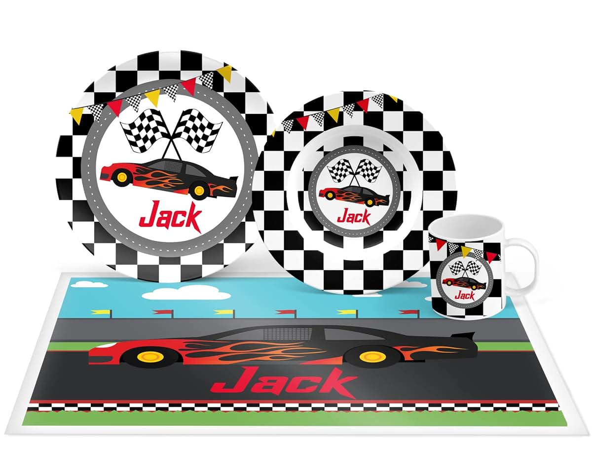 INKtropolis Personalized Racing Race Car Plate Set, Bowl, Placemat, Mug, Mealtime, Dinner, Dinnerware - Choose Your