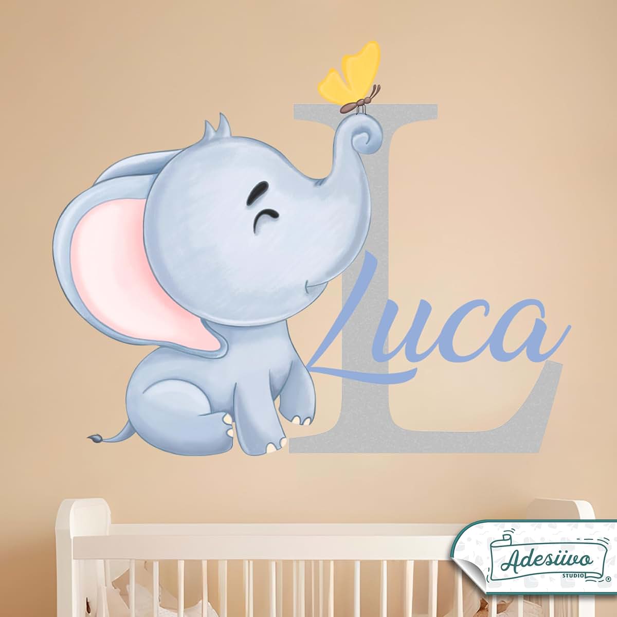 AdesiivoStudio Customizable Elephant Wall Decal with Initial and Name - Personalized Baby Name Sticker - Cute Animal