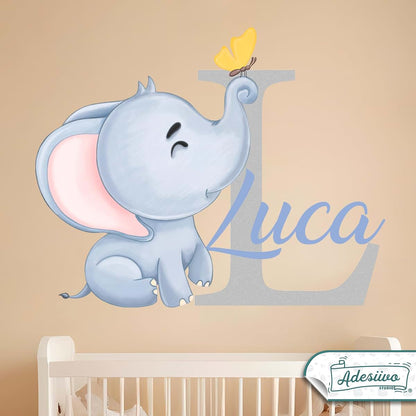 AdesiivoStudio Customizable Elephant Wall Decal with Initial and Name - Personalized Baby Name Sticker - Cute Animal