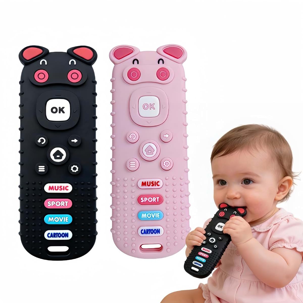 2 Pcs Silicone Remote Control Pig Shaped Teething Toys For 3-18 Months