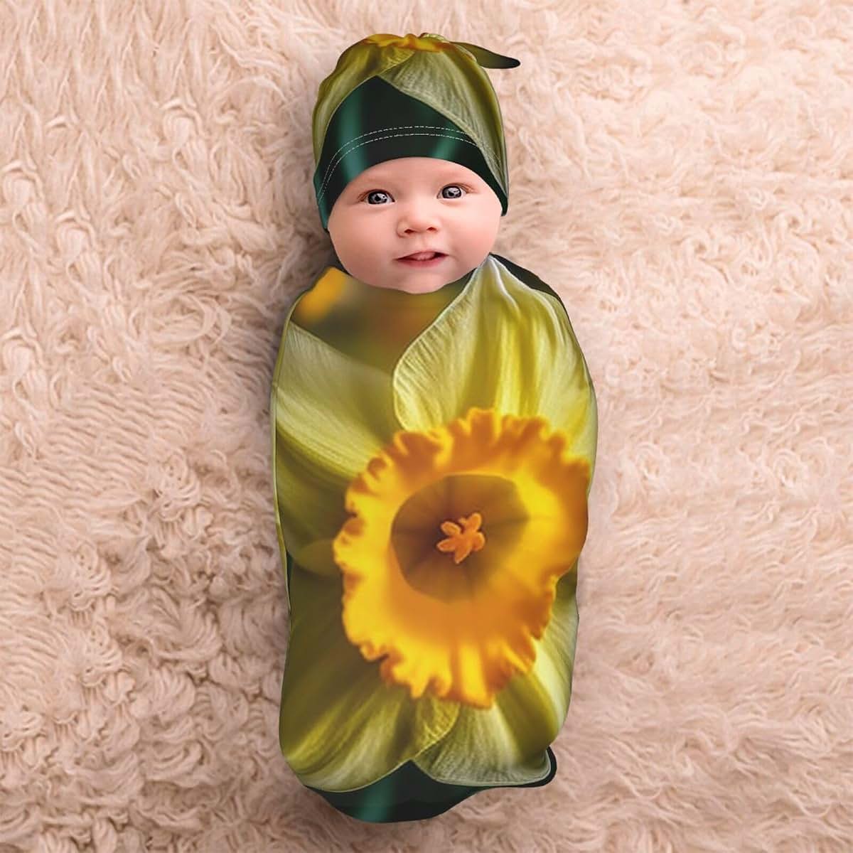KKLWEGU Newborn Swaddle Blanket And Beanie Hat Set In Daffodil Flower Print