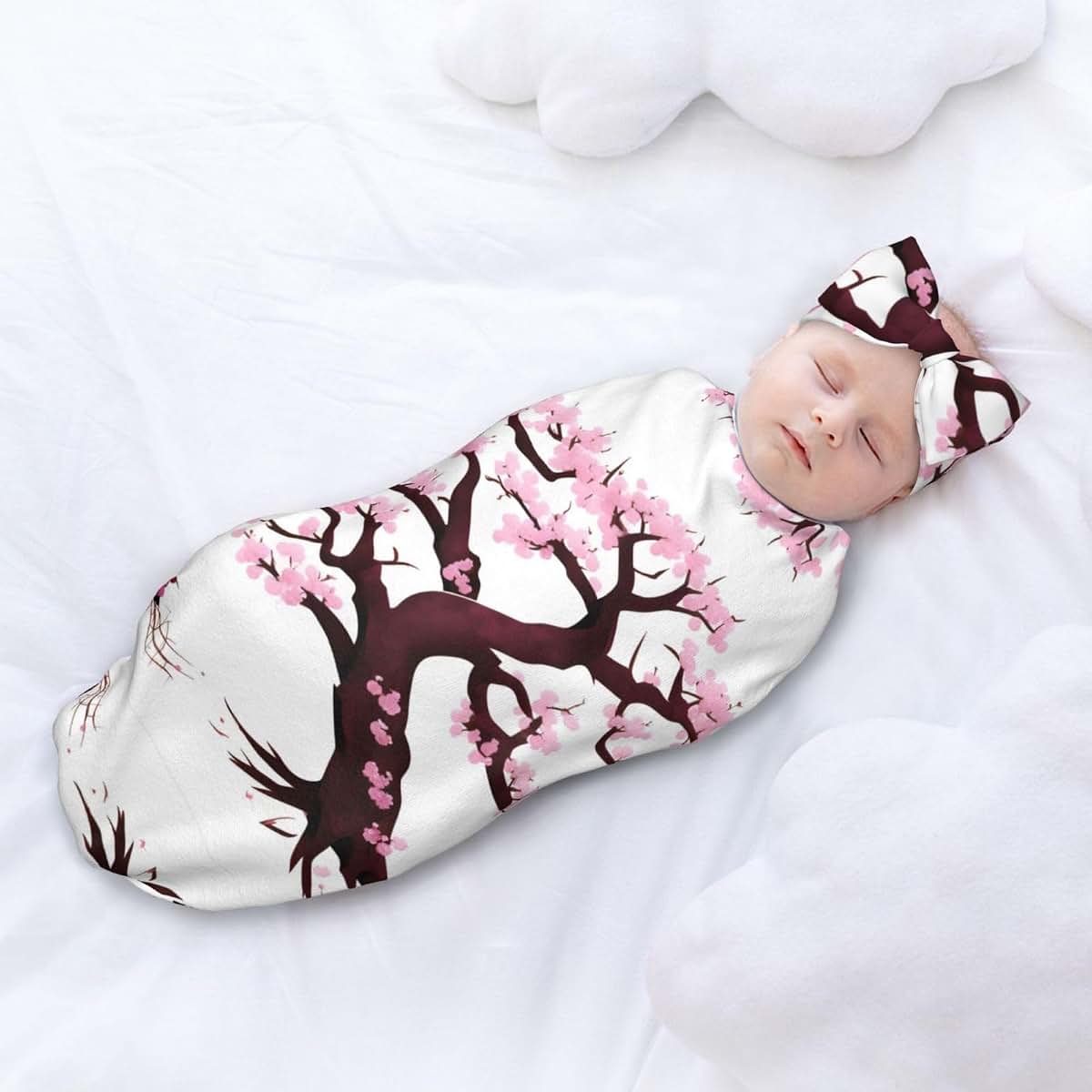 WZYCWB Cherry Blossoms Tree Newborn Swaddle Blanket Set With Headband (photo 3)