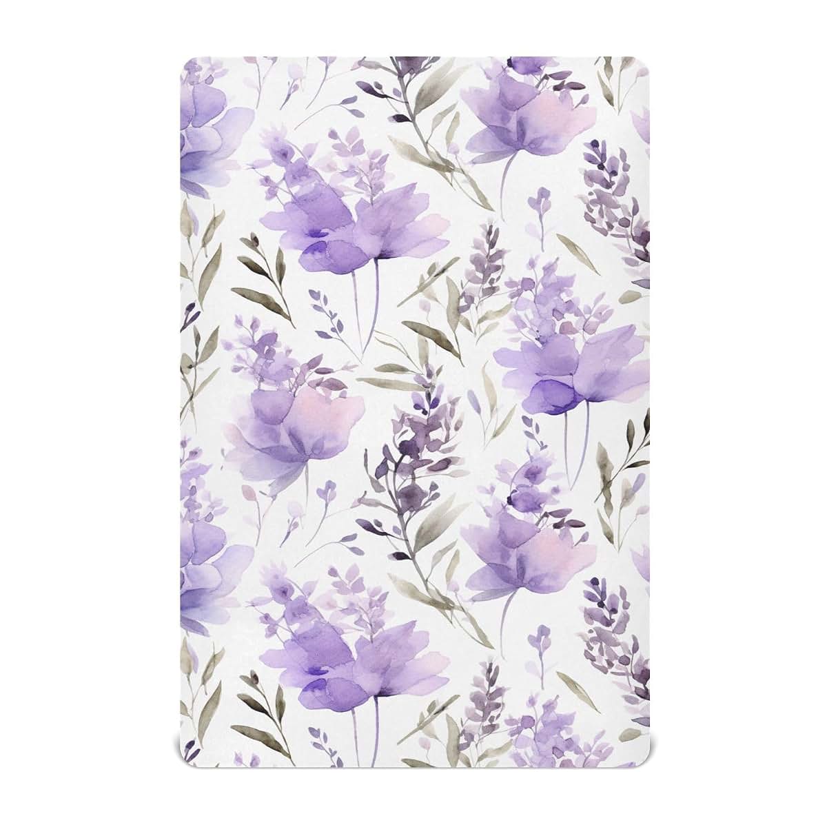AIXIWAWA Watercolor Purple Floral Crib Sheet, Fitted Breathable Mini Playard Sheet, 2 Sizes