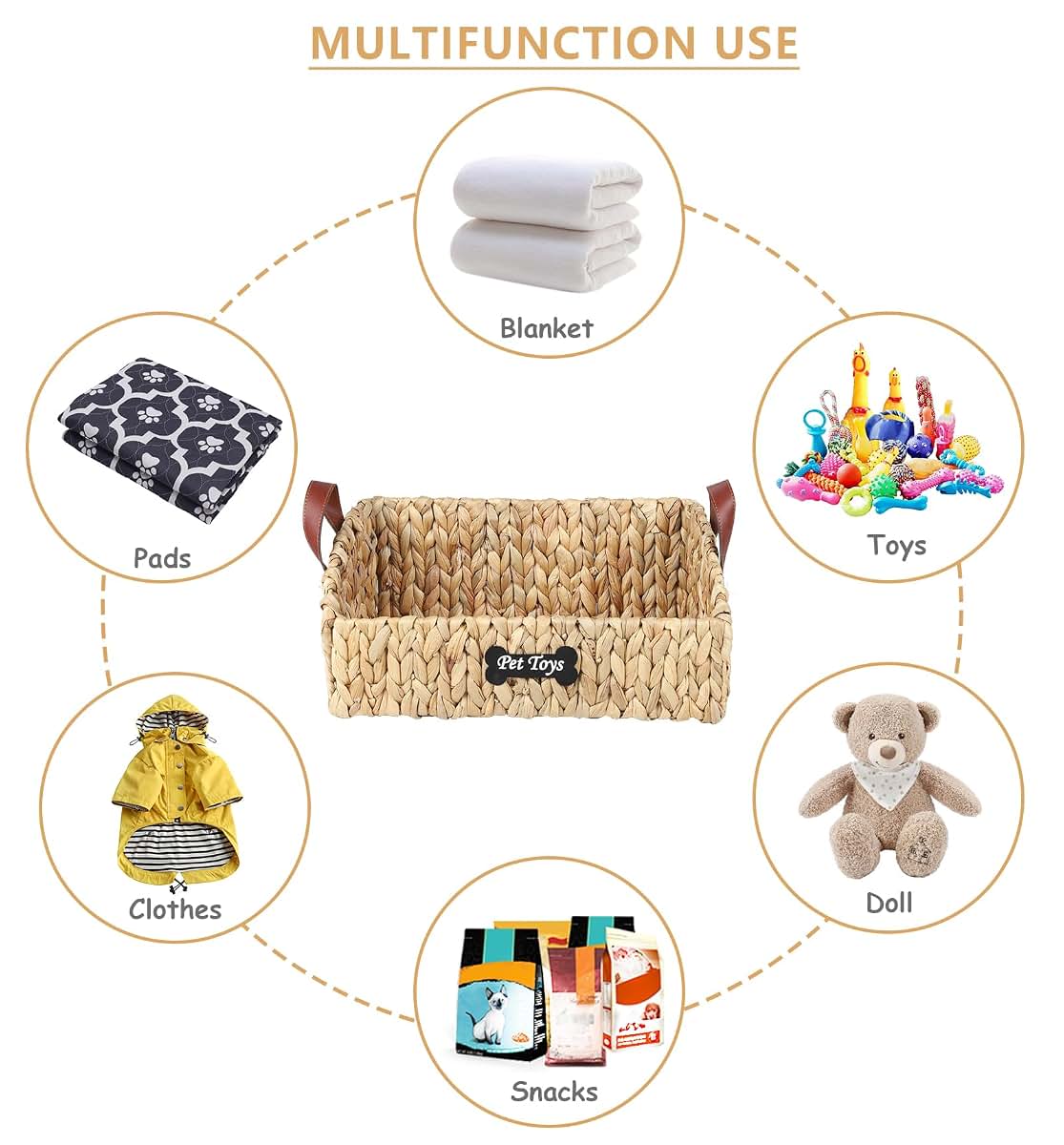Brabtod Trapezoid Pet Toy Storage Basket, Water Hyacinth Wicker Organizer for Dog Cat Toys