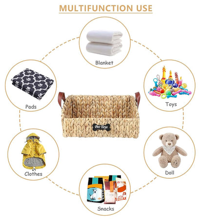 Brabtod Trapezoid Pet Toy Storage Basket, Water Hyacinth Wicker Organizer for Dog Cat Toys