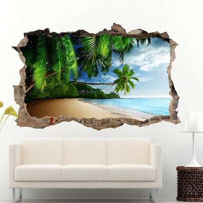 Kuletkear Landscape 3D Wall Decor, Beach Holiday Removable Wall Sticker Room Palm Trees Mural Decals Wall Hole Decal