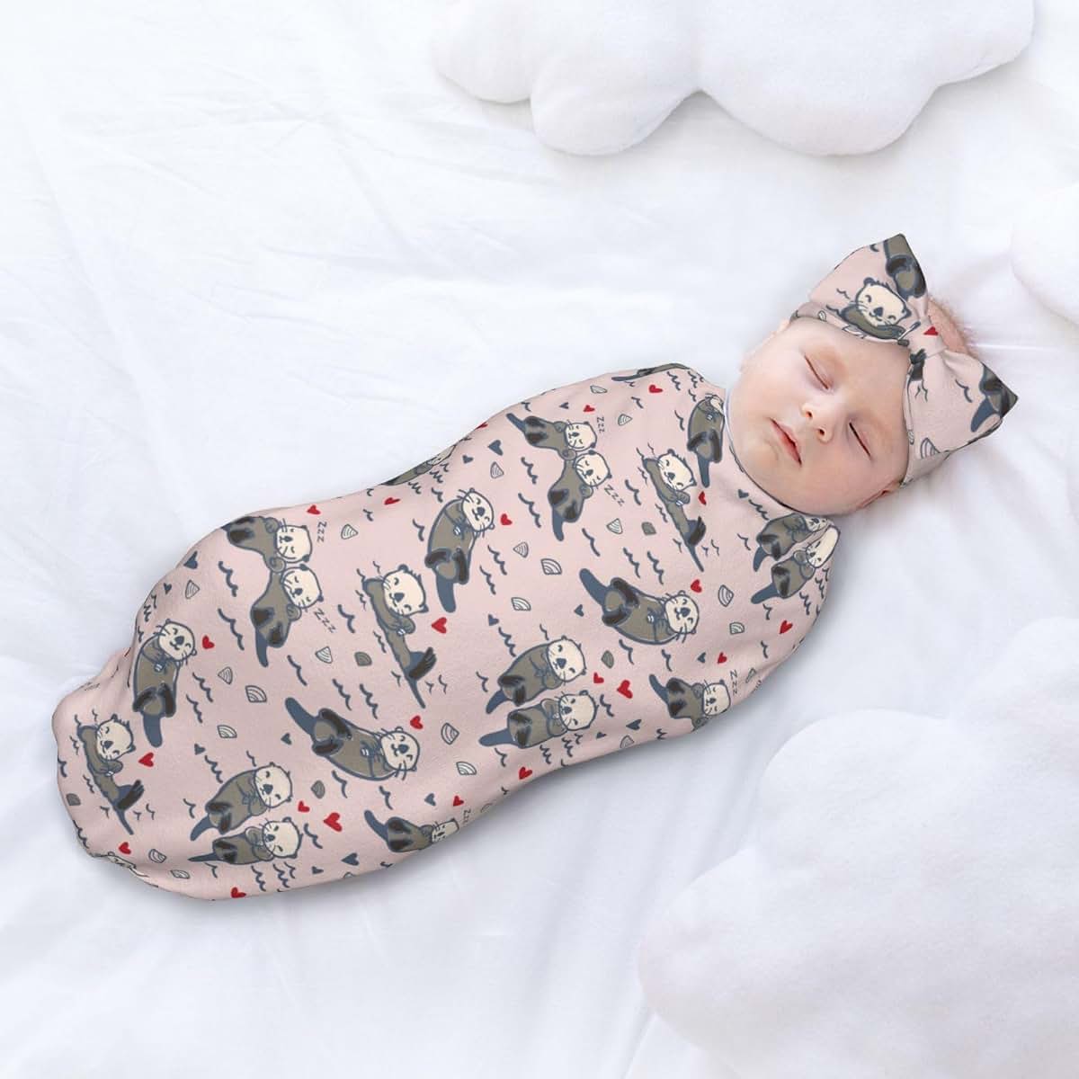 WELBB Otter Baby Swaddle Headband Set, Polyester Newborn Essentials