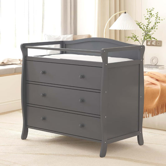 MilleLoom Wooden Diaper Changing Table,Baby Diaper Changing Station Infant Nursing Table with 3 Drawers, Safety Rail &
