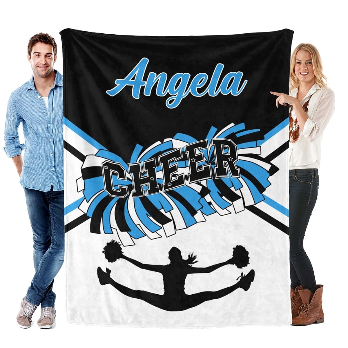 XIUCOO Blue White Custom Name Blanket Cheerleader Blankets for Newborns Girls Baby Blanket with Name Soft Cozy Fleece