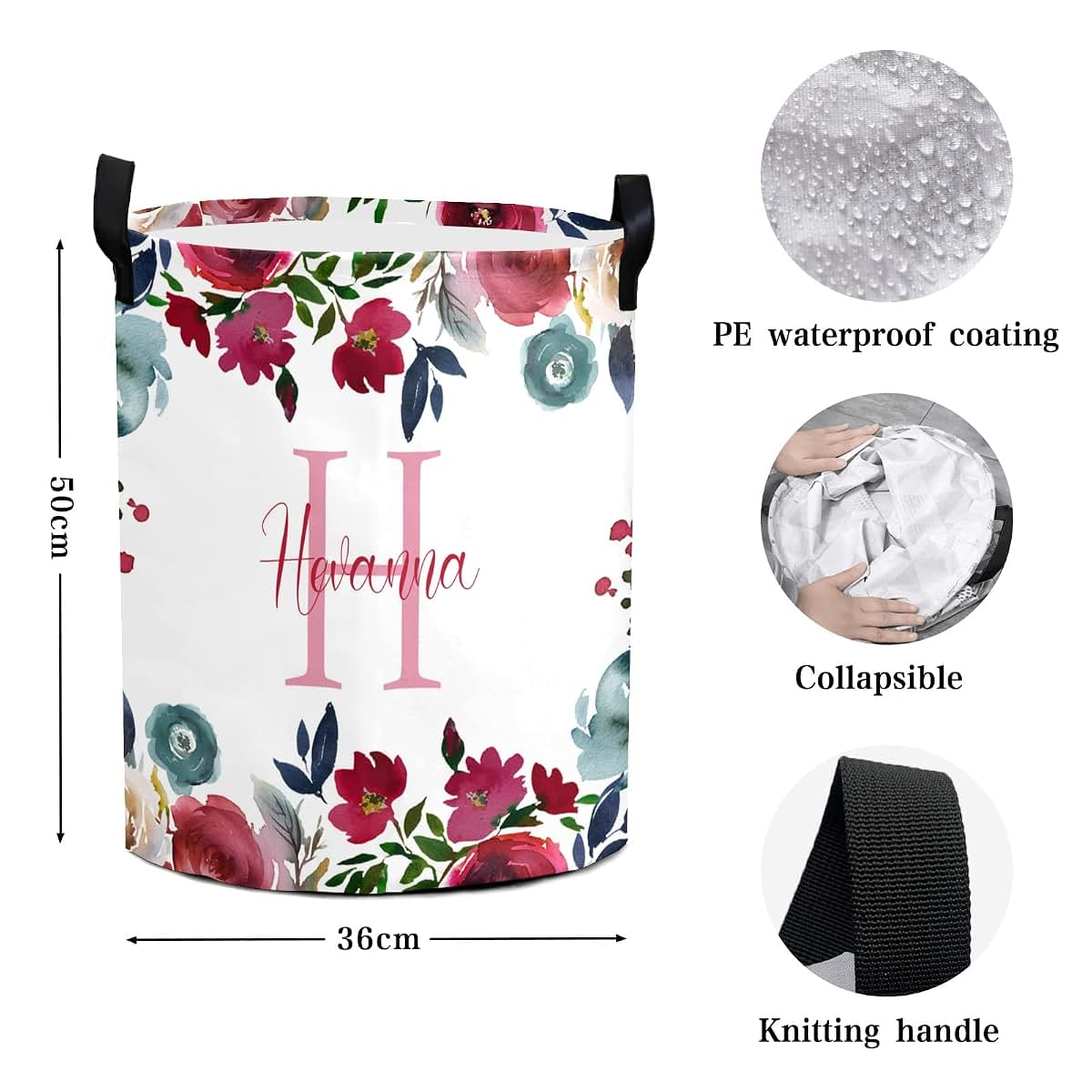 Puercha Personalized Baby Laundry Basket with Flower Custom Nursery Hamper with Names for Girl Foldable Storage (photo 2)