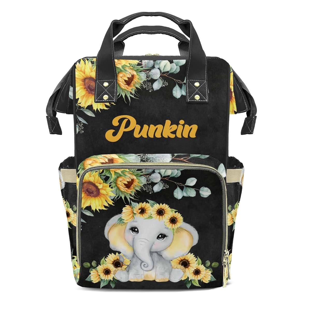 LiSoAkWE Sunflower Elephant Girl Personalized Large Capacity Diaper Bags,Custom Name Backpack Casual Daypack Bag Nappy