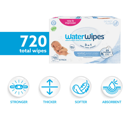 WaterWipes Sensitive+ Newborn & Baby Wipes, 3-In-1 Cleans, Cares, Protects, 99.9% Water, Unscented & Hypoallergenic, 720 Count (12 Packs)