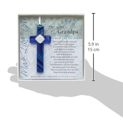 Handmade USA Blue Glass Cross Grandpa Gift in White Gift Box, 4 Inch