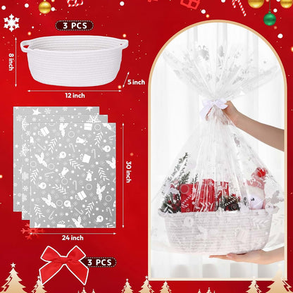 Teenyyou 3 Pack Woven Gift Baskets with Bags and Satin Bows, 12x8x5 Inch White Cotton Storage Basket
