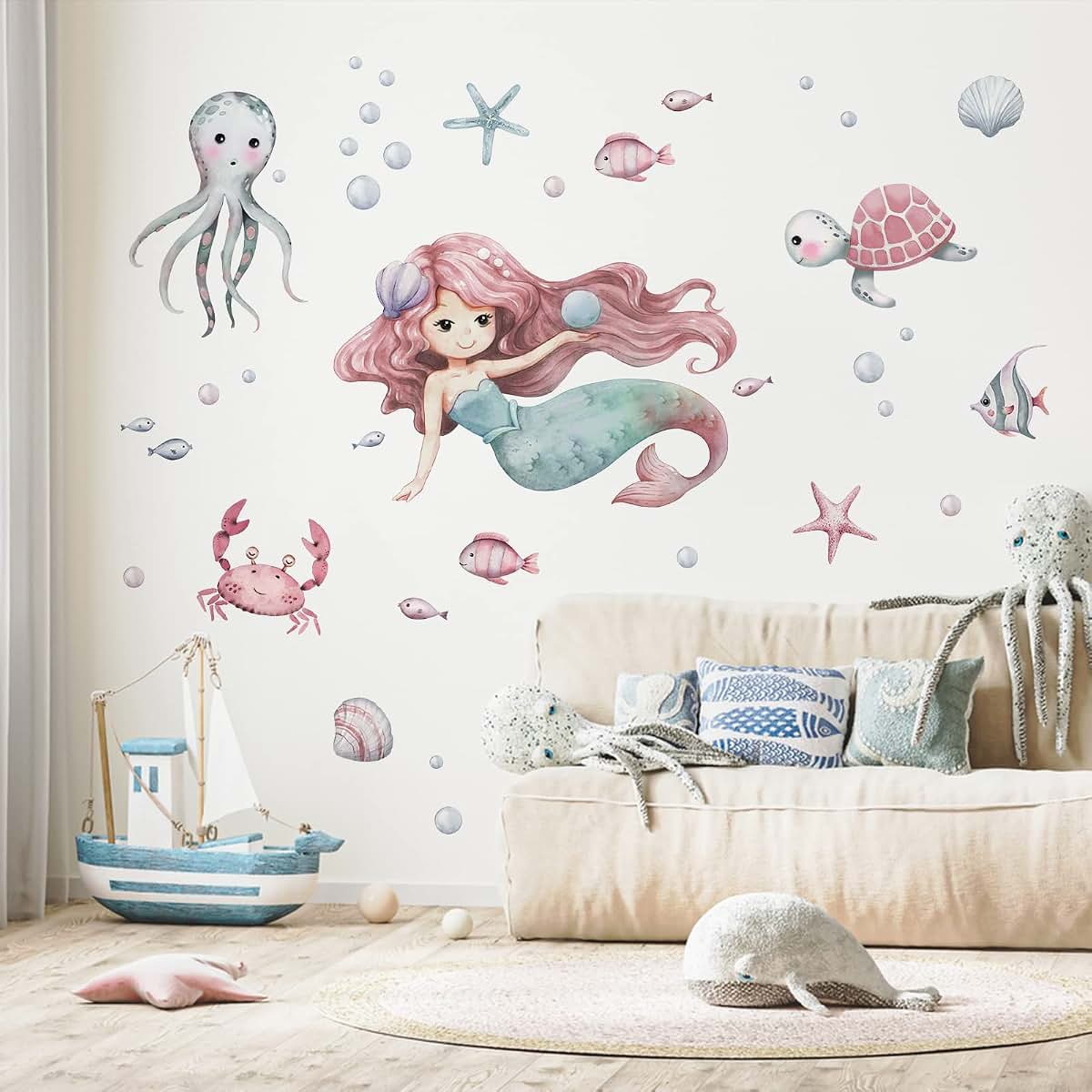 Mfault Mermaid Under The Sea Wall Decals Stickers for Nursery and Kids Room Decor