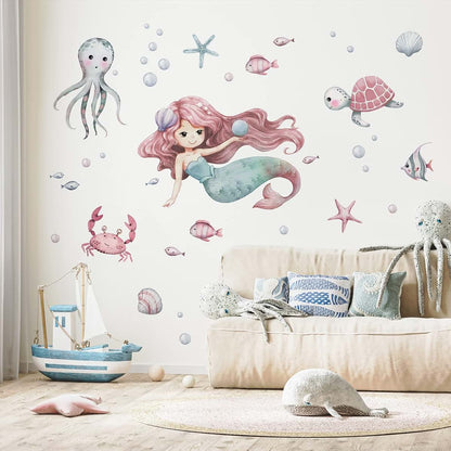 Mfault Mermaid Under The Sea Wall Decals Stickers for Nursery and Kids Room Decor