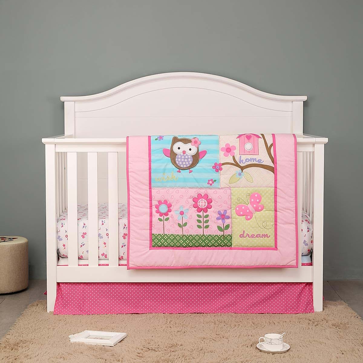 CribMATE 3 Pieces Pink Floral Owl Nursery Crib Bedding Set