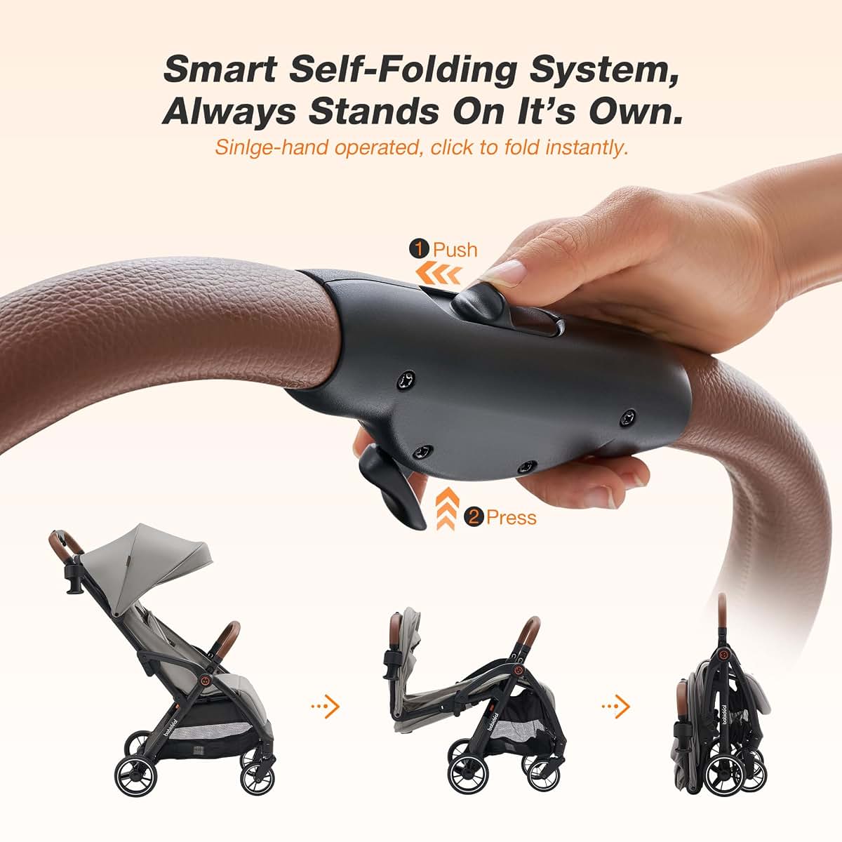 Babideal Lightweight Self-Folding Travel Stroller with Canopy, Grey