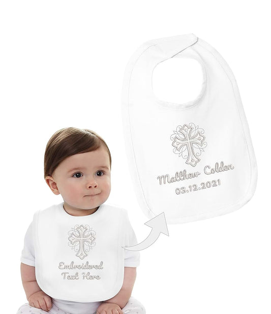 Printualist Personalized Baby Christening Embroidered Baby Bib - Customized Cotton Baby Bib with Embroidered Cross
