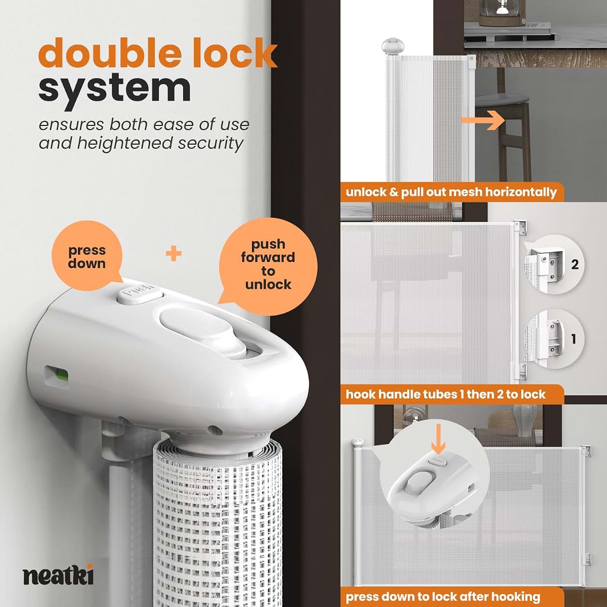 Neatki 190-Inch Retractable Baby & Dog Gate, Double Lock (White) (photo 3)