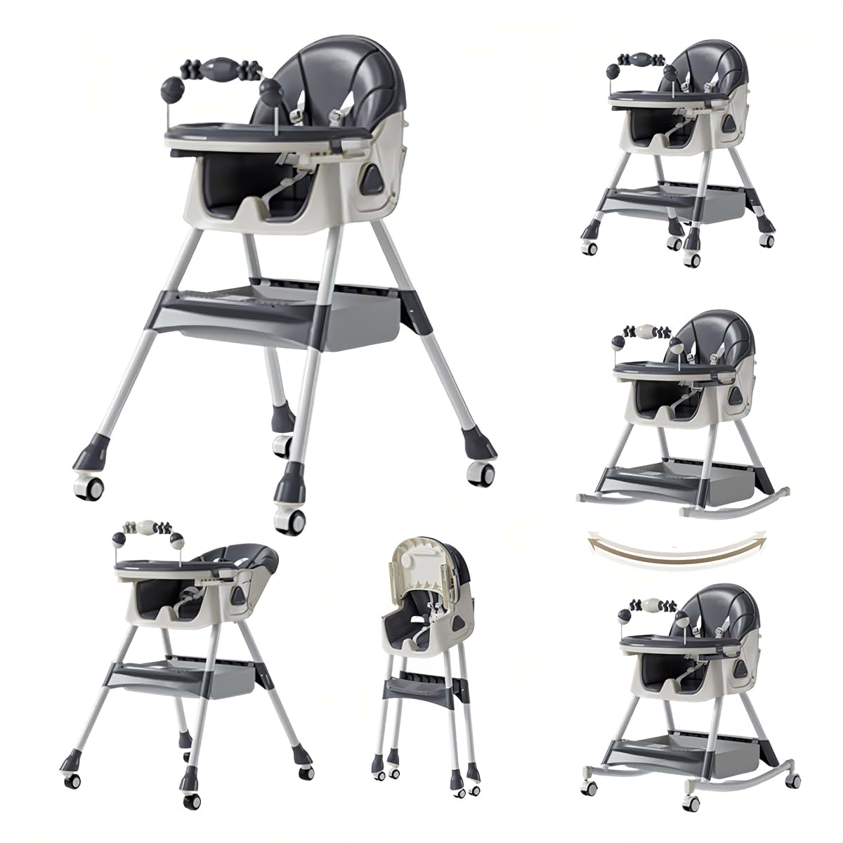 Reenborn PU Leather Baby High Chairs with Rocking Mode, Foldable Multi-Functional Baby Eating Chair with Adjustable