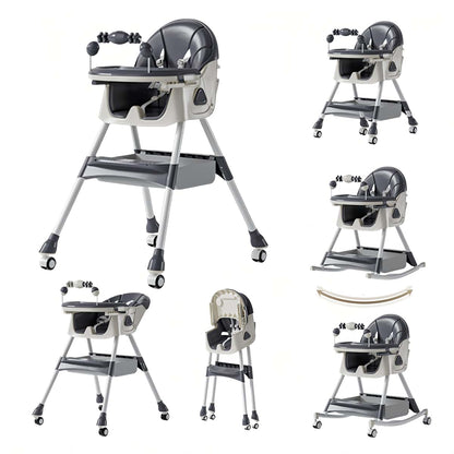 Reenborn PU Leather Baby High Chairs with Rocking Mode, Foldable Multi-Functional Baby Eating Chair with Adjustable