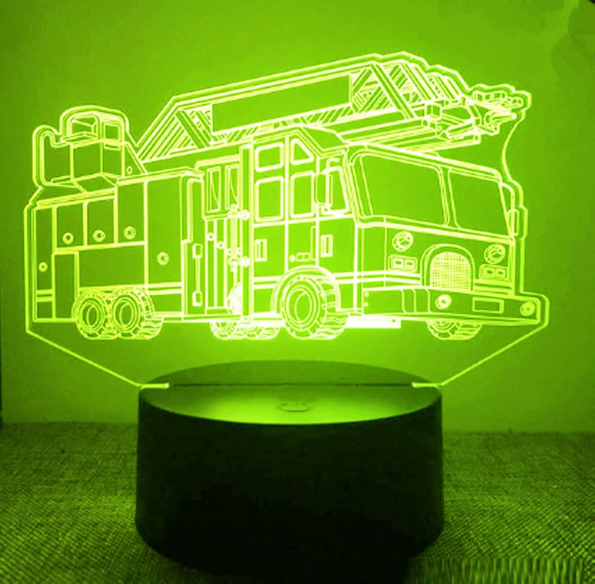 Jinnwell 3D Fire Engine Truck Night Light Lamp Illusion 7 Color Changing Touch Switch Table Desk Decoration Lamps