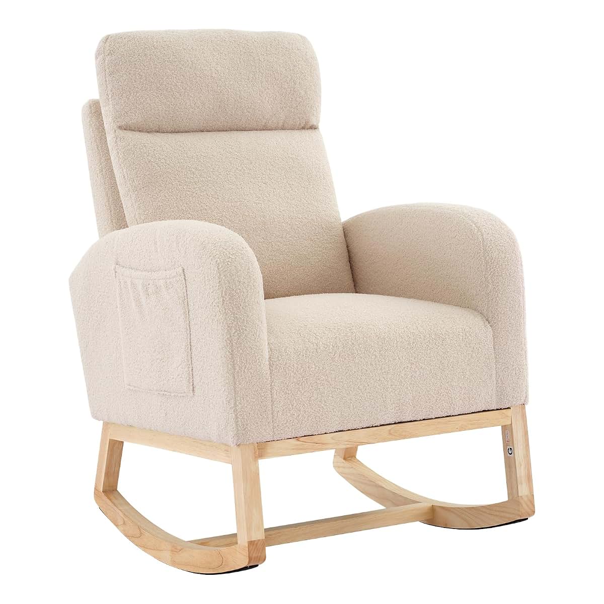 IDEALHOUSE Nursery Rocking Chair, Upholstered Glider Rocker with High Back and Side Pocket, Light Gray