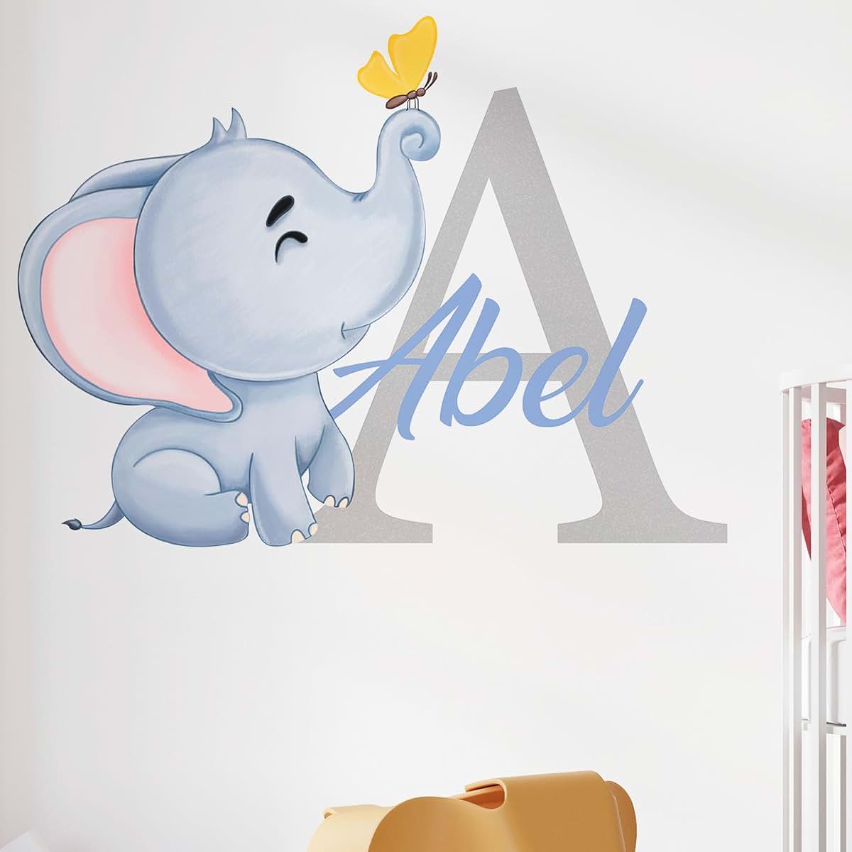 AdesiivoStudio Customizable Elephant Wall Decal with Initial and Name - Personalized Baby Name Sticker - Cute Animal