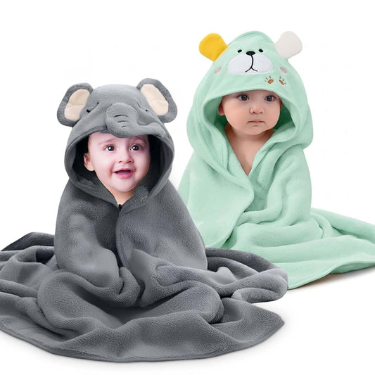 Mart Fort Pack of 2 Hooded Baby Bath Towels for Newborn & Infants, 31.5" x 31.5" Coral Fleece, Super Soft, Quick Dry