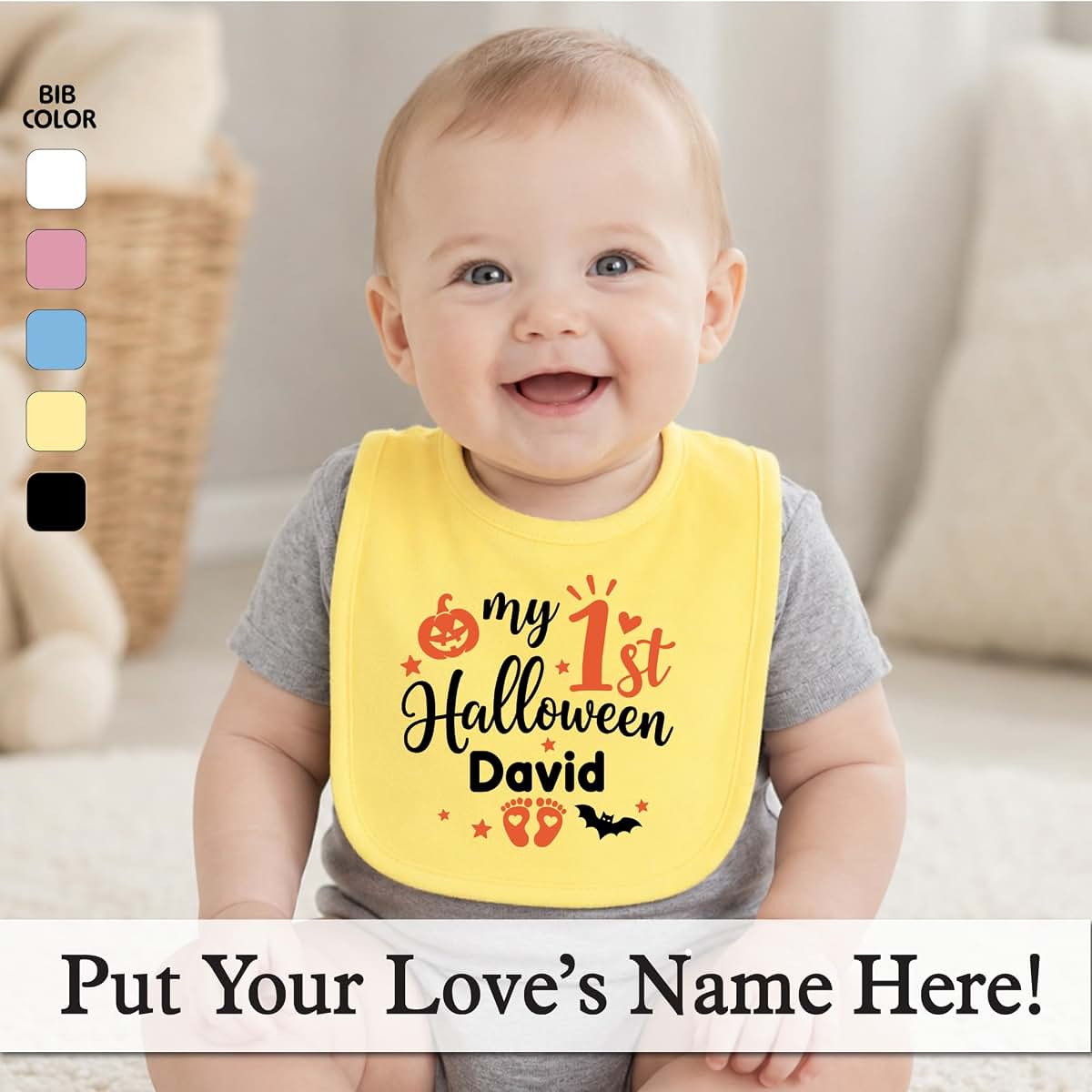 Smiling Jindo Personalized My 1st Halloween Baby Bib – Custom Name Bib – Pumpkin Footprint Design – Newborn Gift (photo 2)