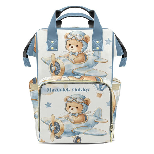 YallLocoMo Teddy Bear Personalized Baby Bag Sky Pilot Bear Multifunction Travel Diaper Bag Nappy Bag for Mom