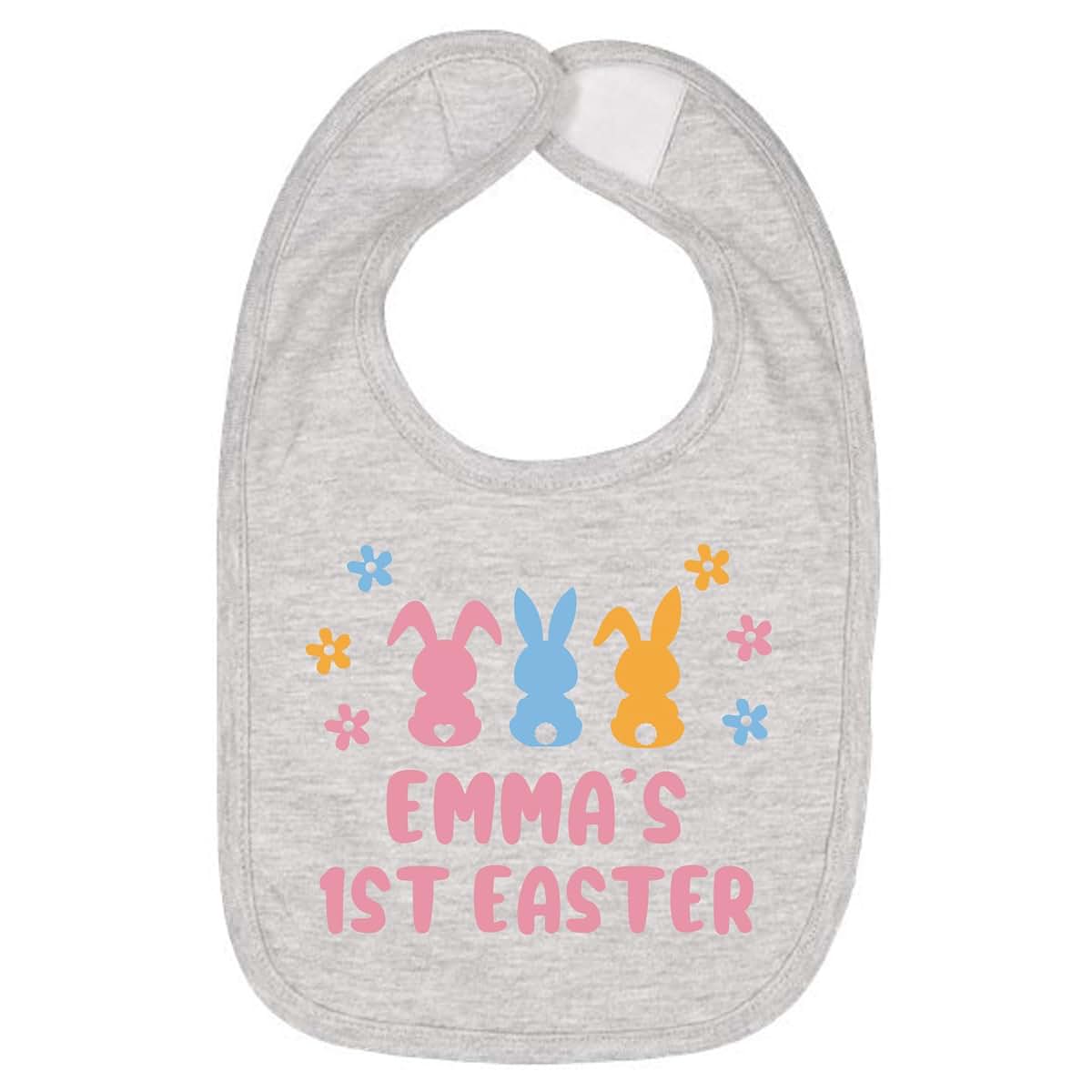 Smiling Jindo Personalized Easter Baby Bib with Pastel Bunny Trio