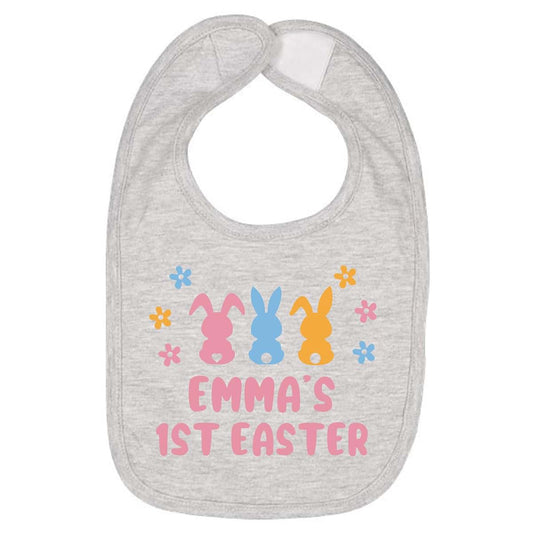 Smiling Jindo Personalized Easter Baby Bib with Pastel Bunny Trio