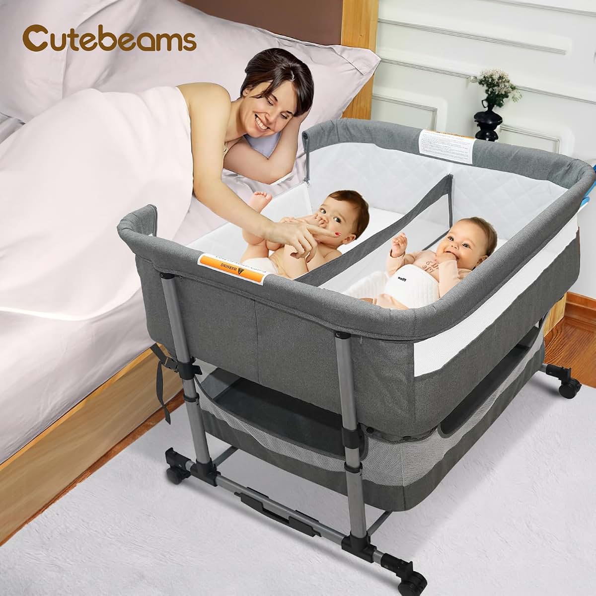 Cutebeams Twin Bassinet For 2 Babies, Grey Bedside Double Bassinet (photo 3)