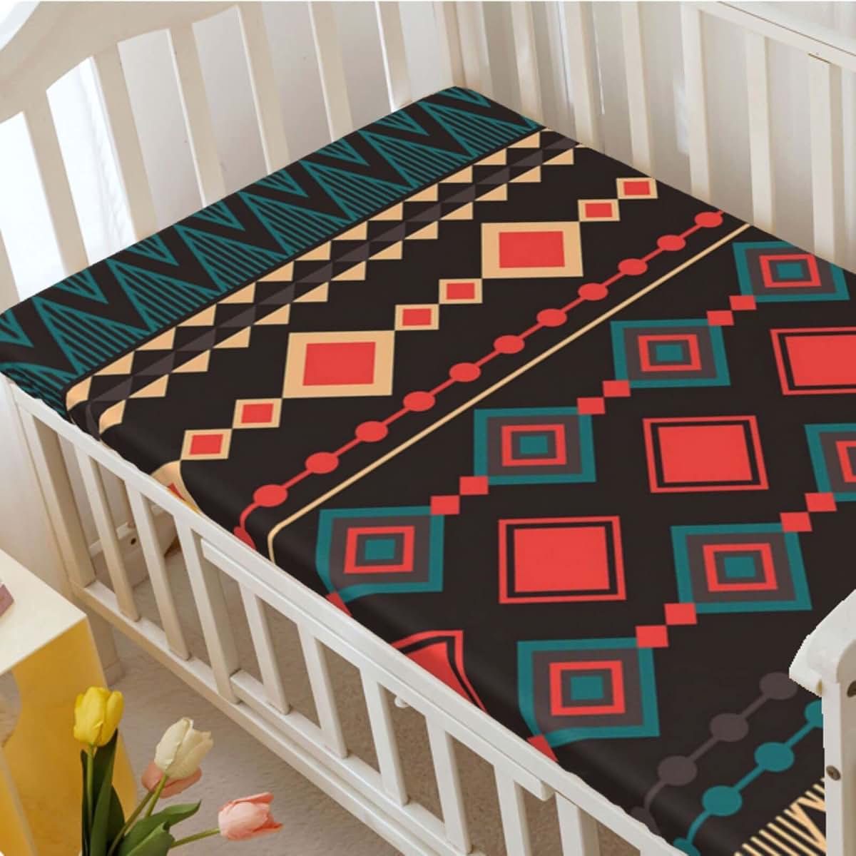 Aztec Themed Fitted Mini Crib Sheets 24 x 38 Inch Microfiber Multicolor