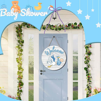 Chunful Baby Boy Welcome Round Wood Door Sign with Jute Rope, 12 Inch