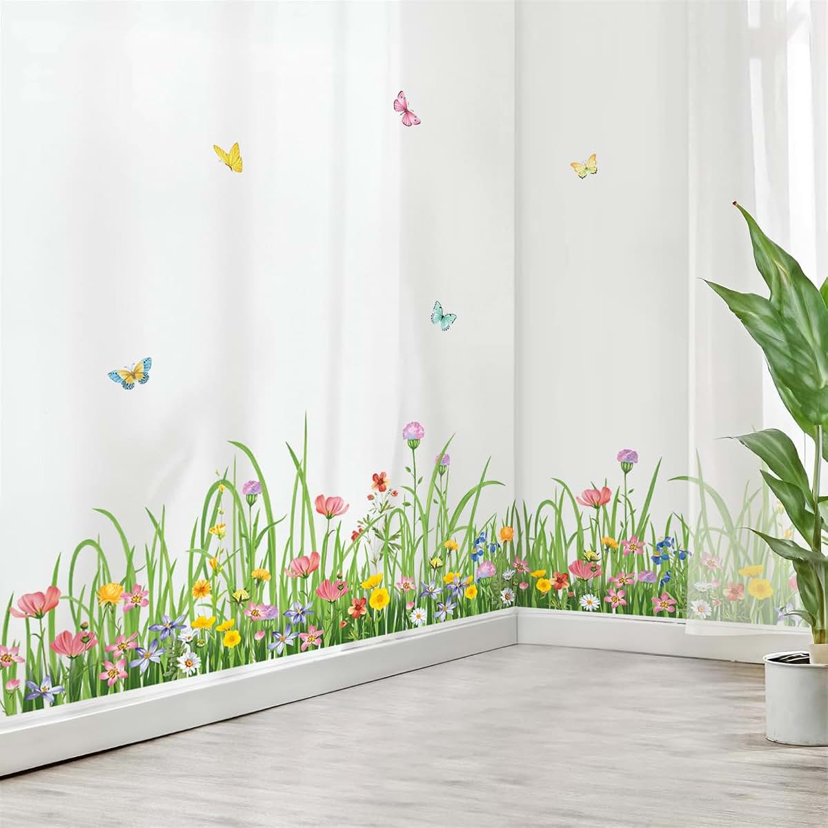 wondever Green Grass Floral Wall Decals Wildflower Wall Corner Stickers