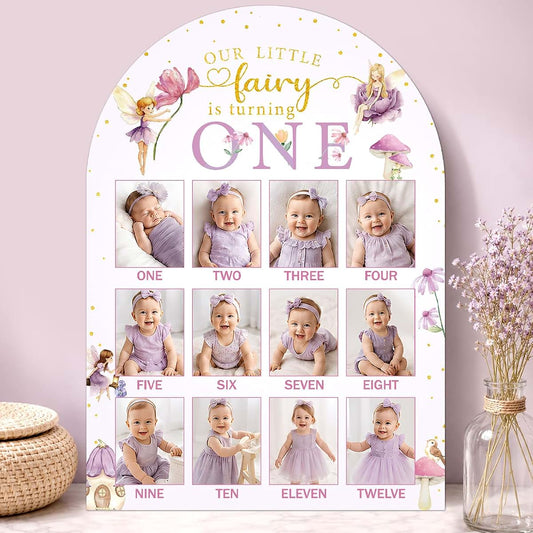XJellyfish design Our Little Fairy is Turning One Photo Board Fairy 1st Birthday Party Decoration Wooden Board 12 Month