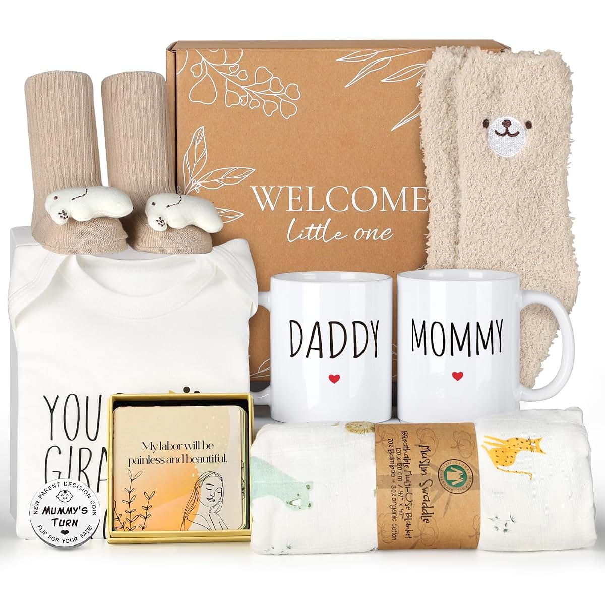 Kjtao New Mom Gift Basket With Mugs Swaddle And Baby Clothes