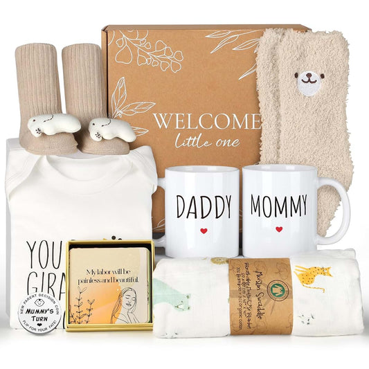Kjtao New Mom Gift Basket With Mugs Swaddle And Baby Clothes