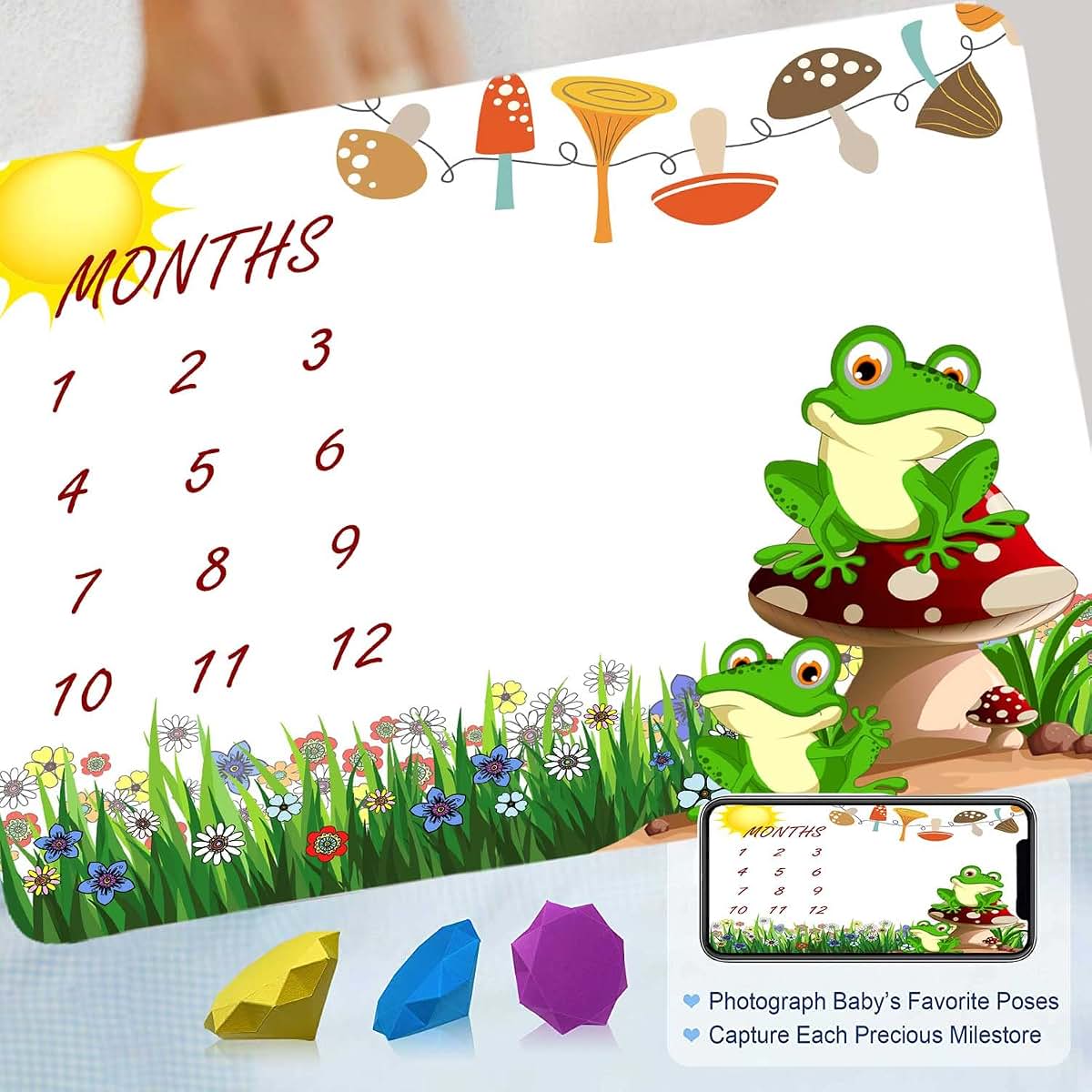 FHZON Frog Mushroom Monthly Milestone Blanket, 48x40 Inches Cotton Mat with 1-12 Month Markers and Frames