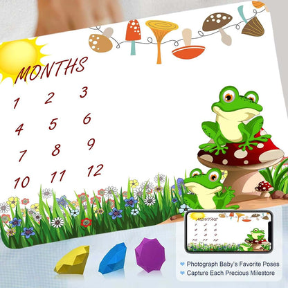 FHZON Frog Mushroom Monthly Milestone Blanket, 48x40 Inches Cotton Mat with 1-12 Month Markers and Frames