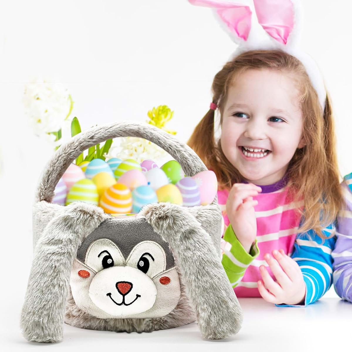 TRURENDI Easter Basket for Kids Cute Plush Easter Plush Basket Easter Plush Basket Egg Hunting Bags Easter Decorations