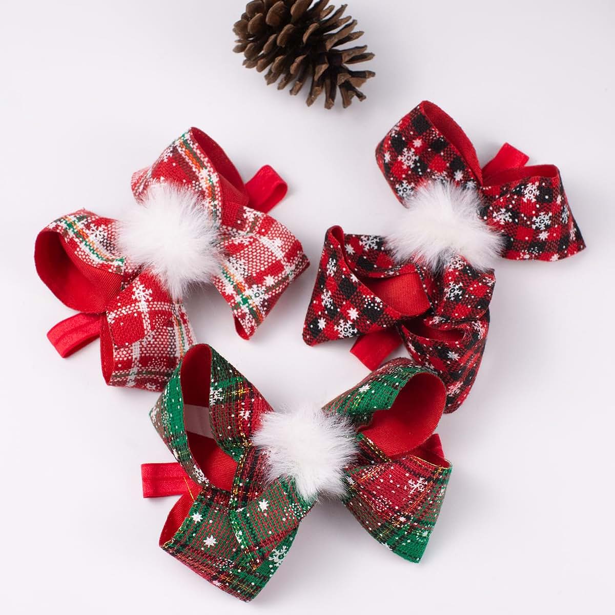 JIAHANG Christmas 6 Inch Hair Bow Headband with Pom Pom for Baby Girls, Pack of 3