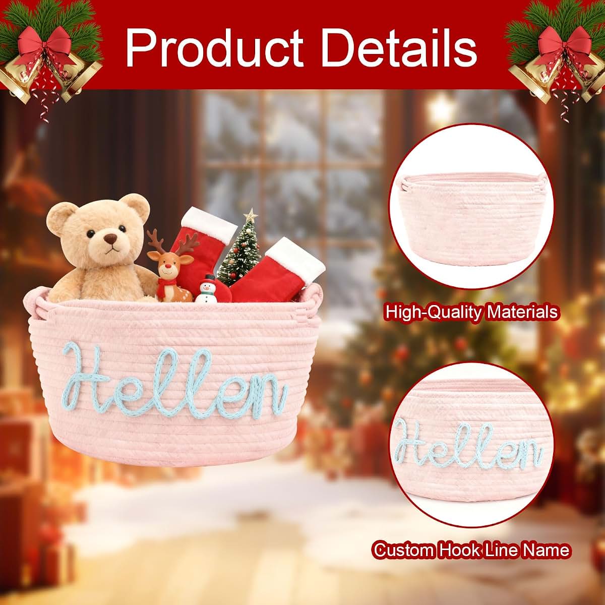 Sitycmt Personalized Christmas Basket with Name, Custom Woven Cotton Rope Baby Basket Organizer for Baby Toys, Storage (photo 3)