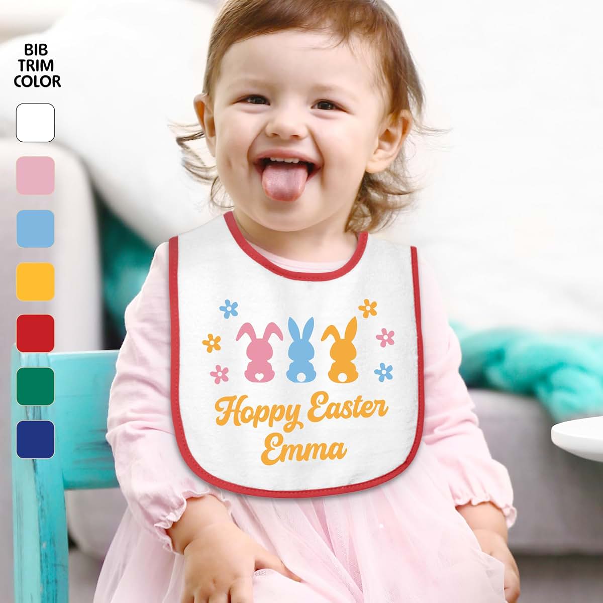 Smiling Jindo Personalized Easter Baby Bib – Pastel Bunny Trio Design with Custom Text – Soft Cotton Terry (photo 2)