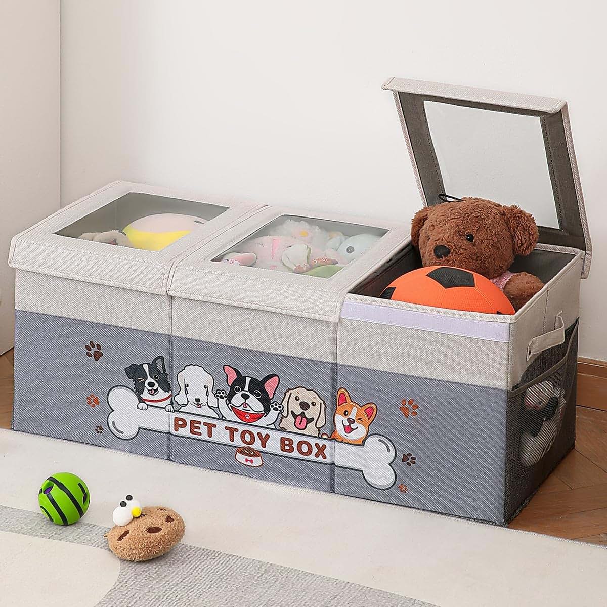 Garlloupath Dustproof Dog Toy Box With Transparent Lids And 3 Grids