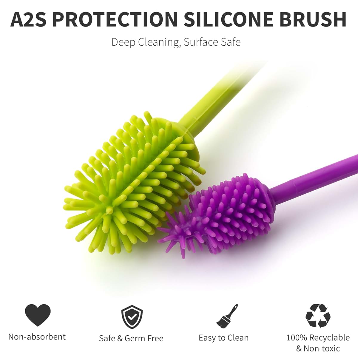 A-Brush Silicone Bottle Cleaner Brush, 2 Piece Set, Flexible, Long Handle - Water Bottle Cleaner, Baby Bottle Nipple (photo 4)